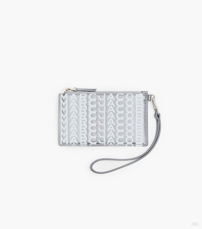 Marc Jacobs | Le portefeuille à dragonne métallique Monogram avec fermeture éclair sur le dessus - Argent/Blanc brillant | France Outlet